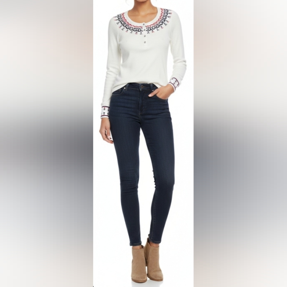 Lucky Brand XL White Waffle Knit Thermal Henley Embroidered Boho Cotton Top - Picture 1 of 7